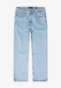 Vaaleansinisiä suoria farkkuja, joissa on klassinen viiden taskun muotoilu ja vetoketjulla varustettu metallinappi. Suora lahkeensuuntainen leikkaus.