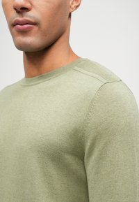 Suéter de punto verde claro con cuello redondo. Presenta una textura suave y un sutil detalle de canalé en el cuello y las costuras de los hombros.