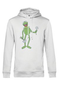 Biała bluza z kapturem z rysunkiem kreskówkowej żaby trzymającej kwiaty, z zielono-niebieskim wzorem, sznurkami regulacyjnymi i kieszenią kangurką.
