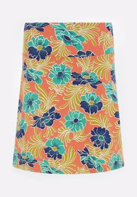 Spódnica w kwiaty w kolorze pomarańczowym z niebieskimi, turkusowymi i zielonymi kwiatami. Zaprojektowana z prostym krojem i gładką teksturą.