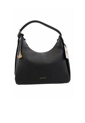 Borsa hobo in pelle nera con finitura testurizzata, una singola maniglia curva, hardware color oro e un logo sul davanti.