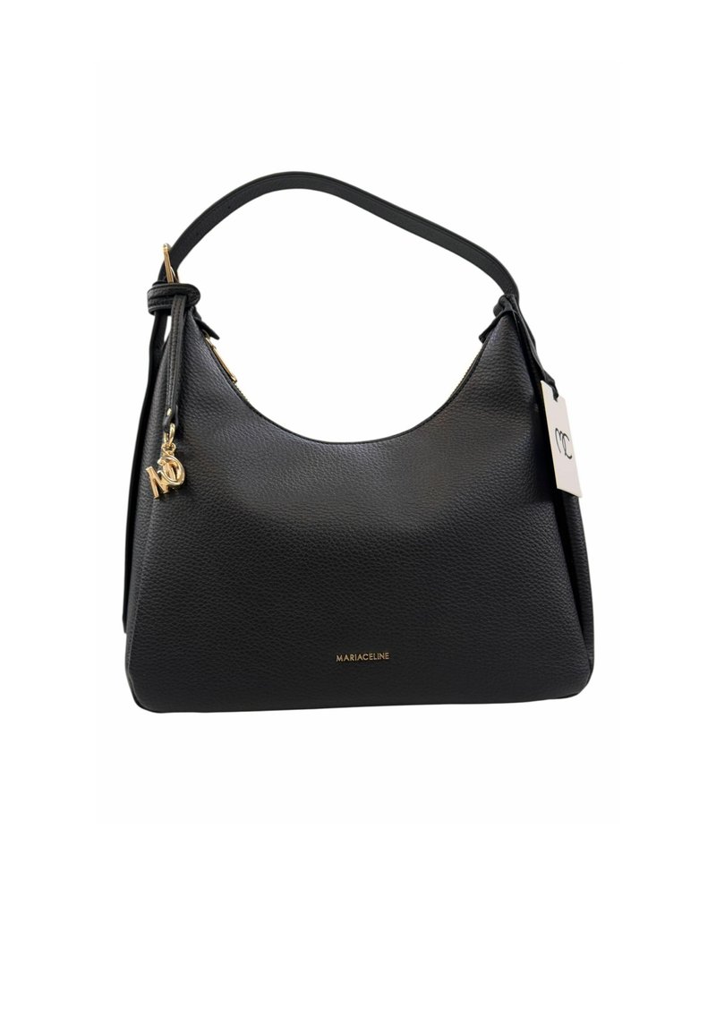 Borsa hobo in pelle nera con finitura testurizzata, una singola maniglia curva, hardware color oro e un logo sul davanti.