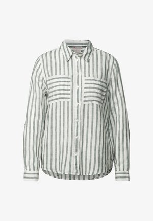 Chemise en lin légère à rayures blanches et vertes. Présente un front à boutons, deux poches poitrine et des manches longues avec un léger arrondi à l'ourlet.