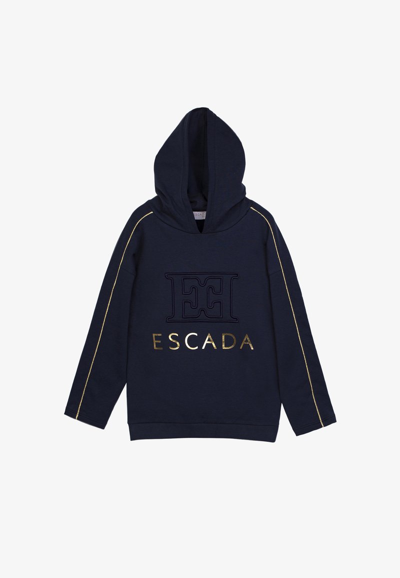 Felpa con cappuccio blu navy realizzata in tessuto morbido, presenta dettagli dorati, un logo ricamato in evidenza e una cucitura dorata a contrasto.