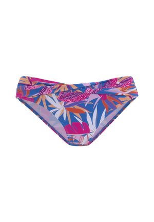 Bikini-Höschen mit blauem Hintergrund, verziert mit mehrfarbigen Blumen- und Blattmustern in Pink, Orange und Weiß. Dehnbare Stoffqualität mit nahtlosem Abschluss.