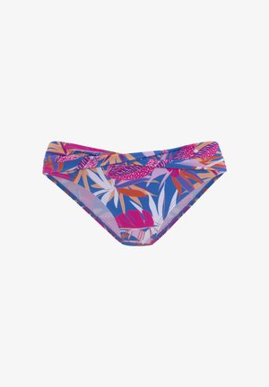 Bikini bottom featuring a blue background with multicolored floral and leaf patterns in pink, orange, and white. Stretchy fabric with a seamless finish.