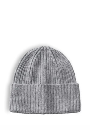 Berretto beanie grigio a coste con risvolto, mostrato disteso su sfondo bianco.