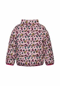 Chaqueta acolchada en rosa con un estampado de leopardo multicolor. Presenta puños elásticos y un cuello alto para mayor calidez. Diseño acolchado.