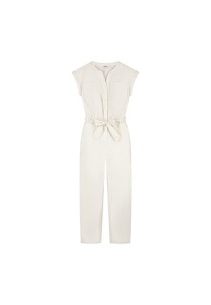 Bijeli kombinezon bez rukava s kopčama sprijeda, dva džepa na prsima, remen vezan u struku i hlače ravnih nogavica.