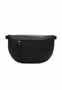 Zwarte leren tas met een gebogen, halve maanshape. Beschikt over een ritssluiting op de voorkant en een gestructureerd oppervlak voor extra grip.