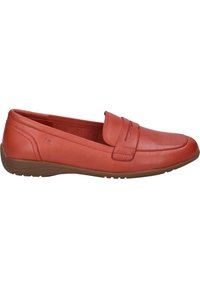 Rote Leder Slipper mit abgerundetem Zehenbereich, Frontriemen-Detail und einer Gummisohle mit strukturierten Rillen für besseren Halt.