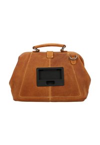 Tan leather handbag with a structured shape, featuring a black rectangular accent, silver hardware, and contrasting stitching details.
