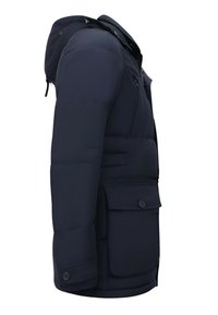 Marineblauwe gewatteerde jas met capuchon, met een gequiltde textuur, zijzakken, een dubbele rits en knoopsluitingen. Heeft een gestroomlijnd, getailleerd ontwerp.