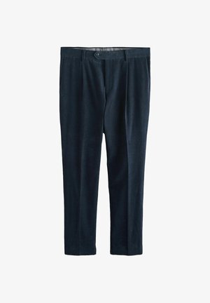 Męskie ciemnoniebieskie spodnie formalne z zapięciem na guzik i zamek błyskawiczny, proste nogawki i szlufki na pasek, prezentowane na białym tle.