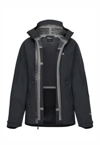 Veste imperméable noire avec capuche, poches zippées et accents gris. Texture lisse avec une doublure intérieure respirante.