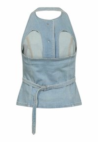 Džínový halter top vo svetlo modrej farbe s výrezmi na pleciach, patentkami a zúženým pásom s vykrojeným opaskom. Hladká textúra a prešité detaily.