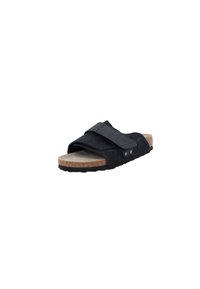 Black suede slide sandal with a cork footbed, a wide strap across the top, and two metallic accents. Textured sole for grip.