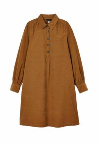 Braunes, knöpfbares Kleid aus weichem Stoff mit langen Ärmeln, kragenförmigem Ausschnitt, vorderem Knopfverschluss und Raffung an den Schultern.