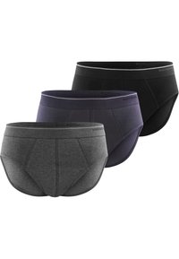 Tre paia di slip da uomo in grigio scuro, blu navy e nero. Ognuno presenta un ampio elastico in vita e una texture di tessuto liscia e morbida.