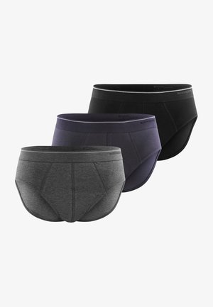 Tre paia di slip da uomo in grigio scuro, blu navy e nero. Ognuno presenta un ampio elastico in vita e una texture di tessuto liscia e morbida.