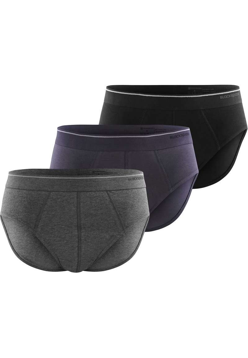 Tre paia di slip da uomo in grigio scuro, blu navy e nero. Ognuno presenta un ampio elastico in vita e una texture di tessuto liscia e morbida.