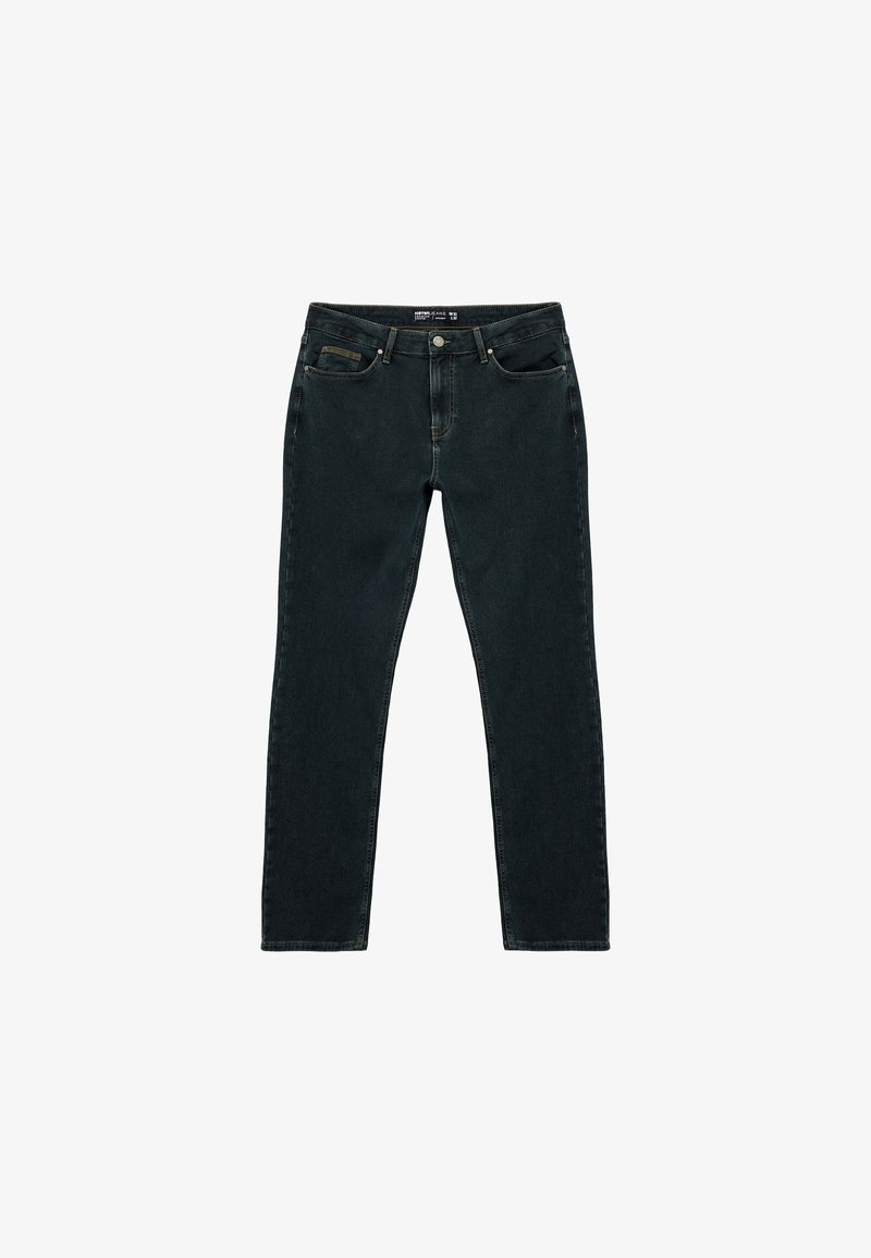 Dunkelblaue Denim-Jeans mit schlanker Passform, Fünf-Taschen-Design und schlichter Naht. Der Stoff hat eine glatte Textur mit subtilen Farbvariationen.