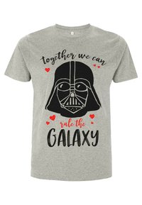 Šedé bavlněné tričko s černým designem Darth Vader a textem "společně můžeme vládnout GALAXII" v červené a černé barvě.