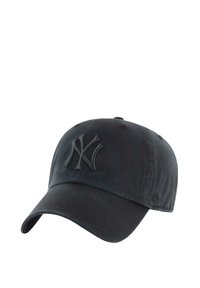 Black cotton cap with a curved brim, featuring an embossed New York logo on the front and subtle texture. Adjustable strap at the back.