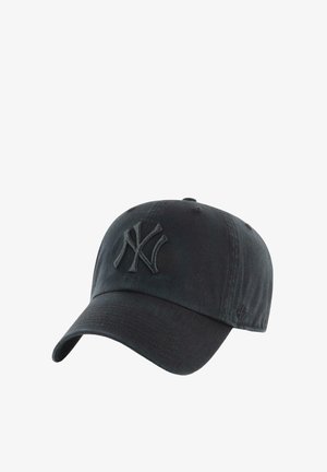 Black cotton cap with a curved brim, featuring an embossed New York logo on the front and subtle texture. Adjustable strap at the back.
