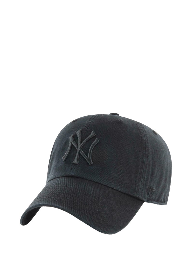 Black cotton cap with a curved brim, featuring an embossed New York logo on the front and subtle texture. Adjustable strap at the back.