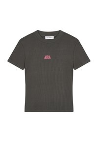 Ciemnoszary prążkowany bawełniany t-shirt z różowym napisem "LOVE SEASON" na piersi. Krótkie rękawy i okrągły dekolt.