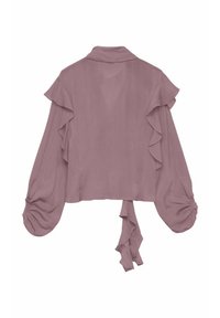 Blusa malva con maniche lunghe a sbuffo, bordatura arricciata sulle spalle e un dettaglio arricciato legato che pende dall'orlo posteriore.