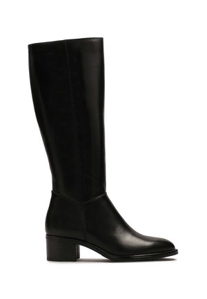 Schwarze Lederstiefel bis zum Knie mit glatter Textur, moderatem Blockabsatz und minimalistischer Gestaltung. Merkmale eine seitliche Nahtdetail.