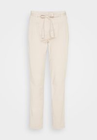 Beige, lichte broeken met een strikceintuur, voorzakken en een rechte pasvorm. Soepele textuur en eenvoudige snit.