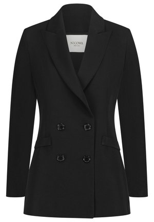 Black double-breasted blazer made of smooth fabric, featuring notched lapels, two side pockets, and six black buttons on the front.