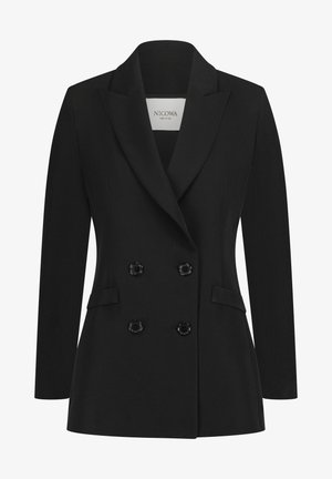 Zwarte dubbelgevoerde blazer van soepel materiaal, met inkepingen in de revers, twee zijzakken en zes zwarte knopen aan de voorkant.