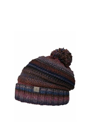 Gestrickte Wintermütze mit Bommel, mit horizontalen Streifen in Brauntönen, Grau, Blau und Burgunder sowie einem kleinen Stoffetikett.