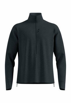 Schwarzer, leichter Pullover mit hohem Kragen, halbem Reißverschluss vorne, langen Ärmeln und seitlichen Reißverschlüssen. Glatte Textur mit subtilen Nahtdetails.