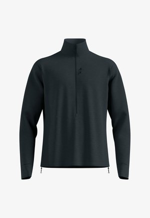 Schwarzer, leichter Pullover mit hohem Kragen, halbem Reißverschluss vorne, langen Ärmeln und seitlichen Reißverschlüssen. Glatte Textur mit subtilen Nahtdetails.