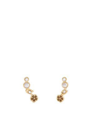 Gold earrings featuring two white pearls, three clear gemstones, and a flower-shaped accent. Elegant, curved design with a textured finish.