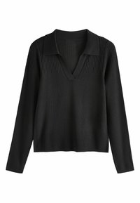 Maglione nero a coste con scollatura a V e design con colletto. Le maniche lunghe e il tessuto testurizzato conferiscono un aspetto strutturato.