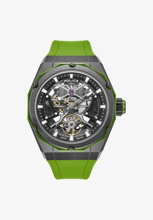 Orologio automatico nero e argento con design scheletrato, cinturino in silicone verde e quadrante rotondo con indici bianchi e dettagli del logo.