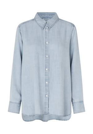 Hellblaues Langarmhemd mit Kragen, durchgehenden Knöpfen vorne und feinen Nähten, dargestellt auf weißem Hintergrund.