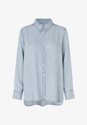 Hellblaues Langarmhemd mit Kragen, durchgehenden Knöpfen vorne und feinen Nähten, dargestellt auf weißem Hintergrund.