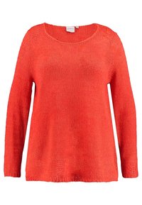 Roter Strickpullover mit lockerer Passform, Rundhalsausschnitt und langen Ärmeln. Verfügt über eine leichte Textur und ein offenes Webdesign.