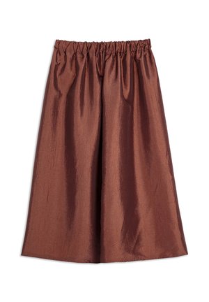Culottes marron légers avec une taille élastique, présentant une texture lisse et brillante ainsi qu'un design à jambe large et fluide.