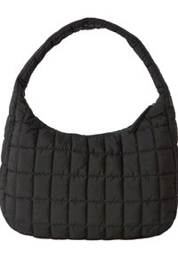 Borsa a tracolla nera trapuntata con superficie imbottita e testurizzata. Presenta una forma arrotondata, una tracolla larga e una chiusura superiore con cerniera.