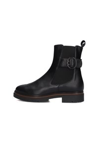 Zwarte leren enkellaarsjes met een ronde neus, elastische zijpanelen, een decoratieve gesp en een contrasterende bruine zool. Gepolijste textuur.