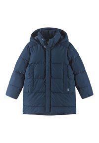 Giacca a vento trapuntata di un blu navy, con cappuccio, dotata di chiusura lampo frontale, grandi tasche applicate e texture trapuntata per isolamento.