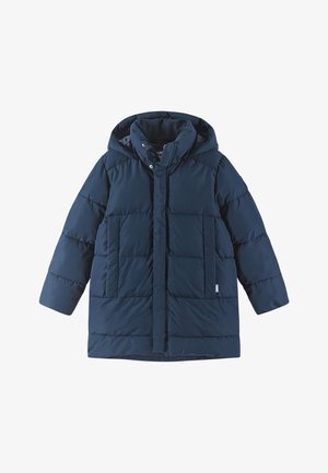 Giacca a vento trapuntata di un blu navy, con cappuccio, dotata di chiusura lampo frontale, grandi tasche applicate e texture trapuntata per isolamento.